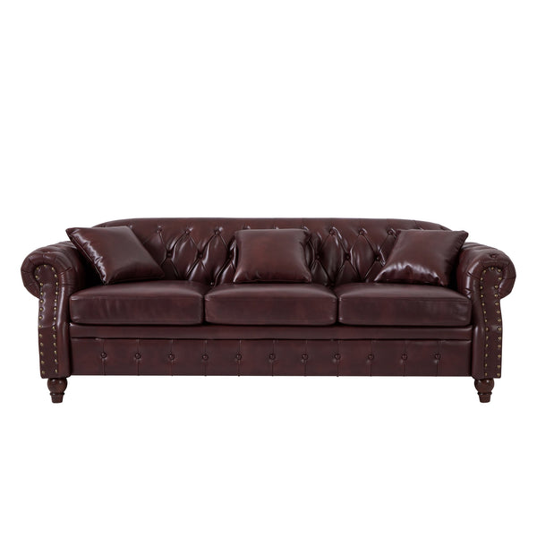 English Elm 85.8" Living Room Chesterfield Sofa with Storage Classic Tufted PU Upholstery Solid Wood Frame, 3-Seater Comfort Burgundy W1097S00149