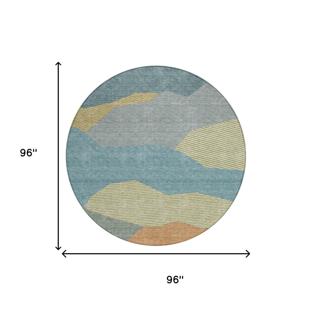 8 Foot Round Geometric Polyester Area Rug Washable Indoor Outdoor Teal Aqua