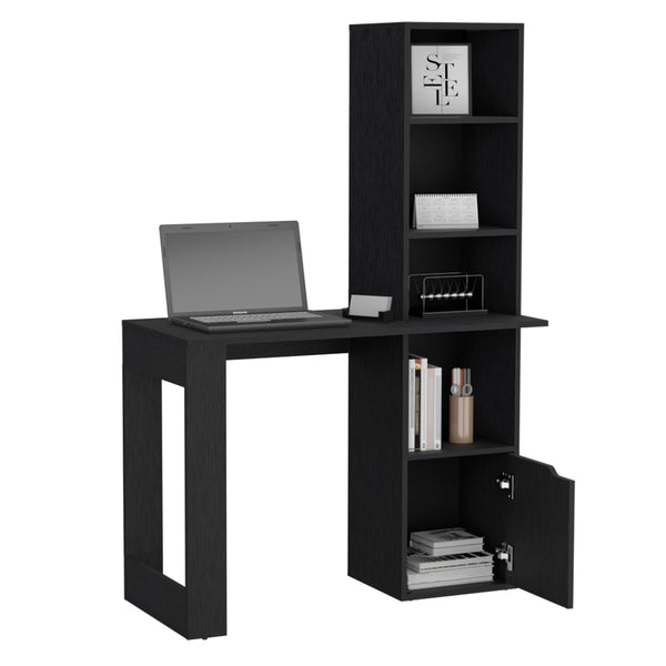 English Elm Iowa Black Computer Desk with 4-Tier Bookcase & Cabinet — Compact Engineered Wood Workspace Storage B200P188864