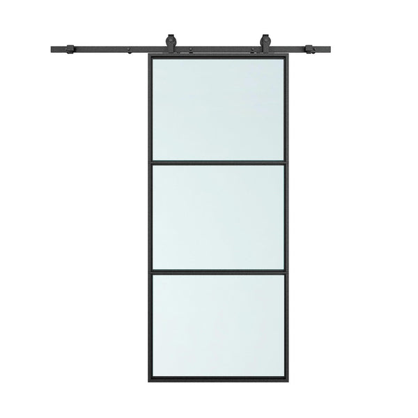 English Elm 30 in Matte Black Steel Sliding Barn Door Frosted Glass Privacy Panel with Hardware B2763P483195