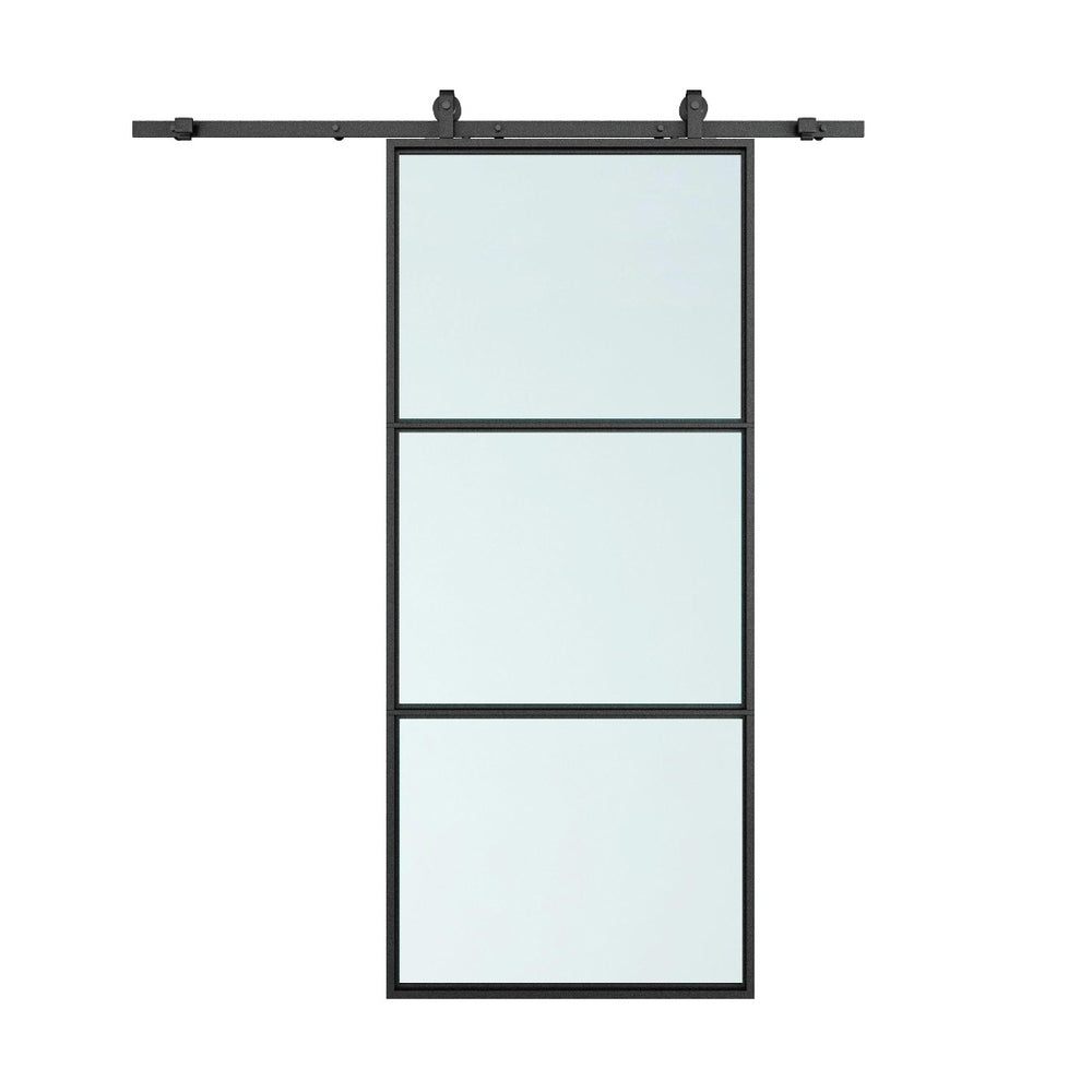 English Elm 30 in Matte Black Steel Sliding Barn Door Frosted Glass Privacy Panel with Hardware B2763P483193