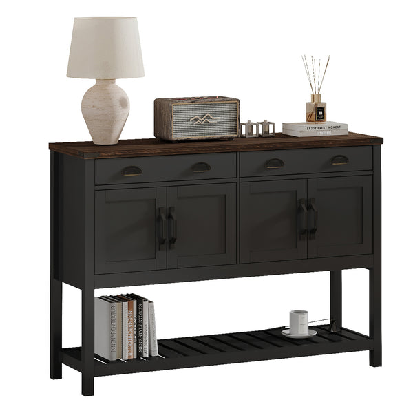 English Elm 47'' Modern Farmhouse Console Storage Table with Two Drawers Four-Door Cabinet and Slatted Shelf for Entryway Living Room Organization and Display Black,Rustic Brown T3771P372075