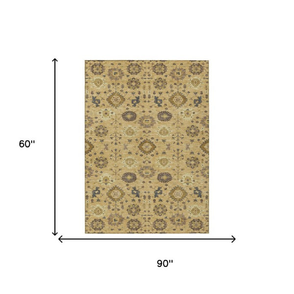 5x8 Gold Brown Geometric Polyester Area Rug Machine Washable Indoor Outdoor Use