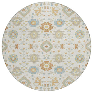 8 Ft Round Geometric Ivory Polyester Area Rug Machine Washable for Indoor Outdoor Use