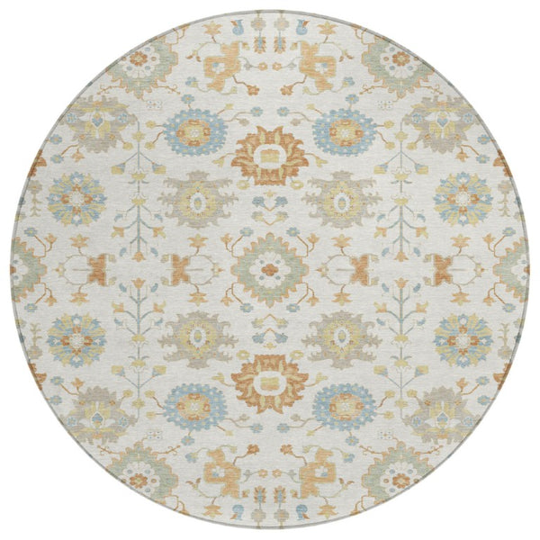 8 Ft Round Geometric Ivory Polyester Area Rug Machine Washable for Indoor Outdoor Use