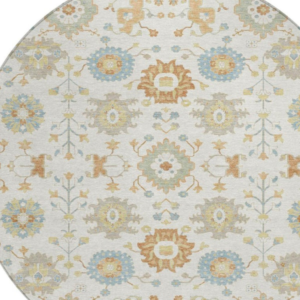 HomeRoots 8 Ft Round Geometric Ivory Polyester Area Rug Machine Washable for Indoor Outdoor Use 733135
