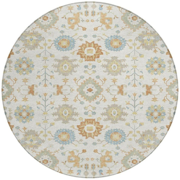 8 Ft Round Geometric Ivory Polyester Area Rug Machine Washable for Indoor Outdoor Use