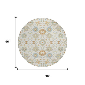 8 Ft Round Geometric Ivory Polyester Area Rug Machine Washable for Indoor Outdoor Use