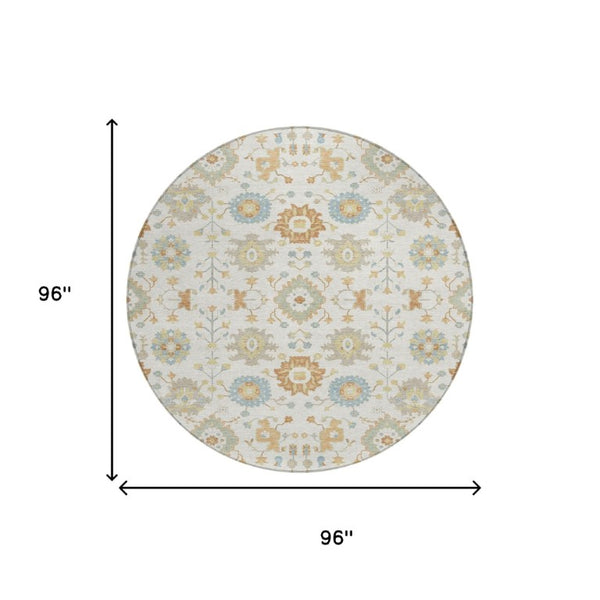 8 Ft Round Geometric Ivory Polyester Area Rug Machine Washable for Indoor Outdoor Use