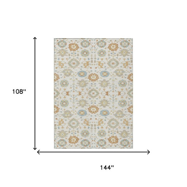 9x12 Geometric Polyester Area Rug Washable Indoor Outdoor Ivory Neutral Decor