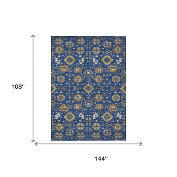 9x12 Geometric Polyester Area Rug Machine Washable Indoor Outdoor Navy Pattern