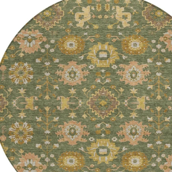 HomeRoots 8 Ft Round Geometric Polyester Area Rug Washable Indoor Outdoor Olive Green 733147