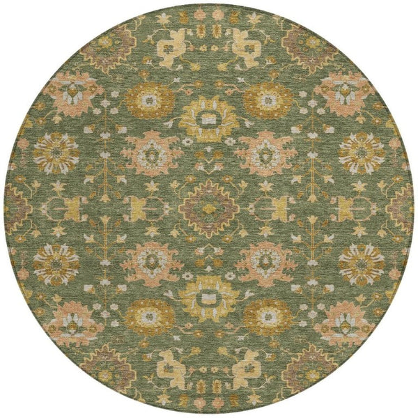 8 Ft Round Geometric Polyester Area Rug Washable Indoor Outdoor Olive Green