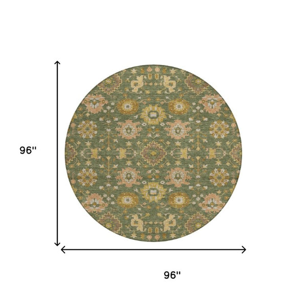 8 Ft Round Geometric Polyester Area Rug Washable Indoor Outdoor Olive Green