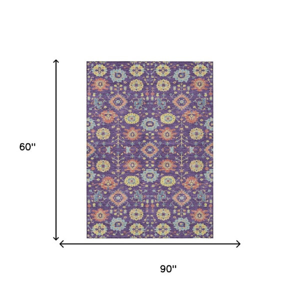 5 Ft X 8 Ft Purple Plum Geometric Polyester Washable Indoor Outdoor Area Rug