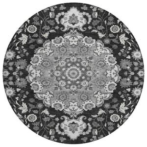 8 Ft Round Damask Indoor Outdoor Rug Washable Polyester for Patio or Entryway