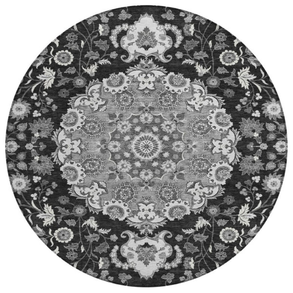 8 Ft Round Damask Indoor Outdoor Rug Washable Polyester for Patio or Entryway