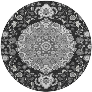 HomeRoots 8 Ft Round Damask Indoor Outdoor Rug Washable Polyester for Patio or Entryway 733165