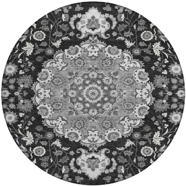 HomeRoots 8 Ft Round Damask Indoor Outdoor Rug Washable Polyester for Patio or Entryway 733165