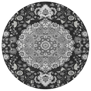 8 Ft Round Damask Indoor Outdoor Rug Washable Polyester for Patio or Entryway
