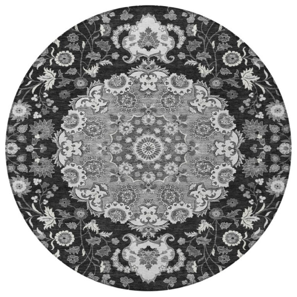 8 Ft Round Damask Indoor Outdoor Rug Washable Polyester for Patio or Entryway