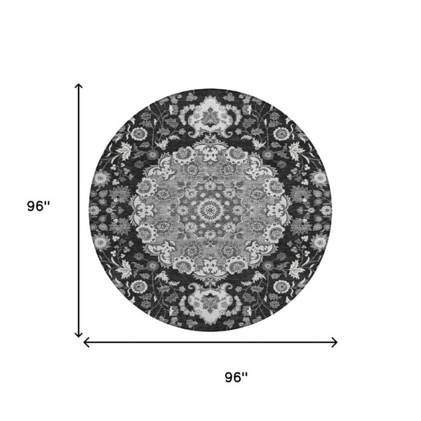 8 Ft Round Damask Indoor Outdoor Rug Washable Polyester for Patio or Entryway
