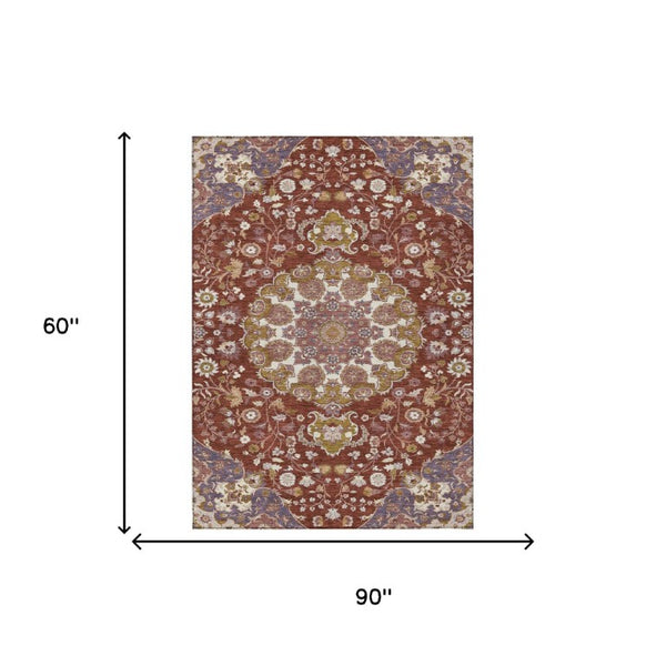 Damask Washable Indoor Outdoor Polyester Area Rug Burgundy Classic Pattern Patio Living Room