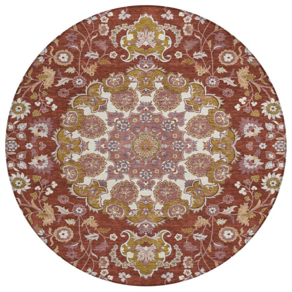 8' Round Damask Polyester Rug Washable Indoor Outdoor Patio Foyer Burgundy