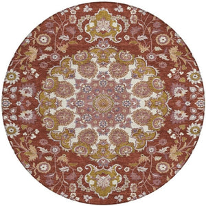 HomeRoots 8' Round Damask Polyester Rug Washable Indoor Outdoor Patio Foyer Burgundy 733171