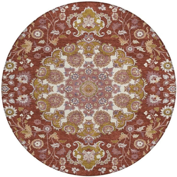HomeRoots 8' Round Damask Polyester Rug Washable Indoor Outdoor Patio Foyer Burgundy 733171