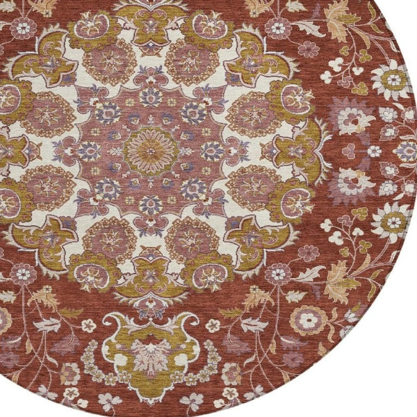 8' Round Damask Polyester Rug Washable Indoor Outdoor Patio Foyer Burgundy
