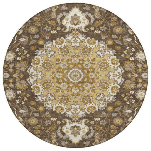 8 Foot Round Damask Polyester Area Rug for Indoor Outdoor Patios and Foyers