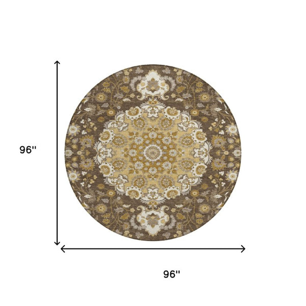 8 Foot Round Damask Polyester Area Rug for Indoor Outdoor Patios and Foyers