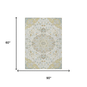 Damask Washable Polyester Area Rug Indoor Outdoor Low Pile Felt Backing for Patio Entryway