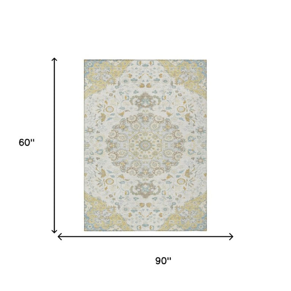 Damask Washable Polyester Area Rug Indoor Outdoor Low Pile Felt Backing for Patio Entryway