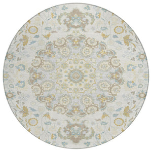 8 Foot Round Damask Polyester Area Rug Washable Indoor Outdoor Ivory Linen