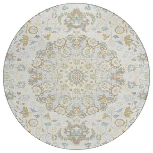 8 Foot Round Damask Polyester Area Rug Washable Indoor Outdoor Ivory Linen