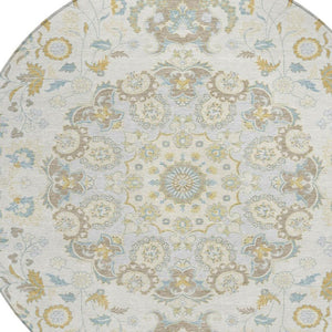 8 Foot Round Damask Polyester Area Rug Washable Indoor Outdoor Ivory Linen
