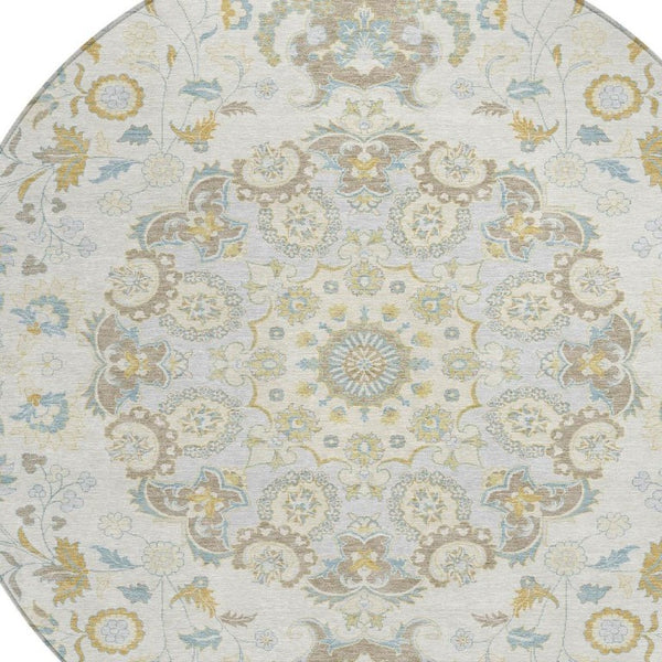 8 Foot Round Damask Polyester Area Rug Washable Indoor Outdoor Ivory Linen