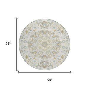 8 Foot Round Damask Polyester Area Rug Washable Indoor Outdoor Ivory Linen