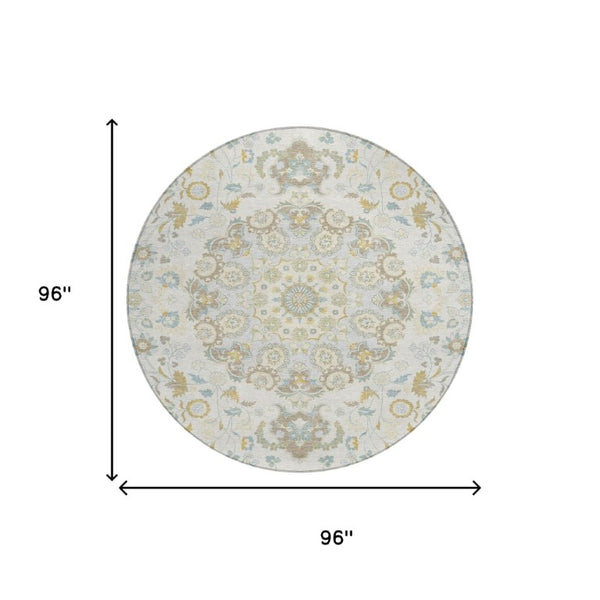 8 Foot Round Damask Polyester Area Rug Washable Indoor Outdoor Ivory Linen