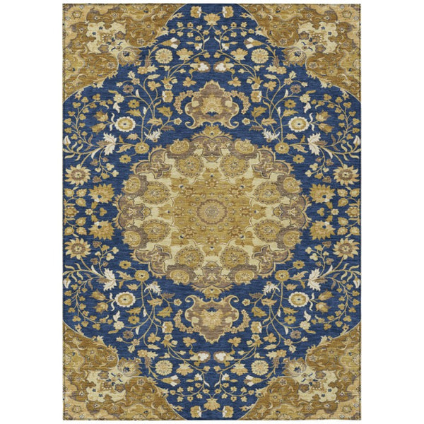 5x8 Navy Damask Washable Polyester Area Rug for Indoor Outdoor Patios and Living Rooms