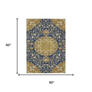 5x8 Navy Damask Washable Polyester Area Rug for Indoor Outdoor Patios and Living Rooms