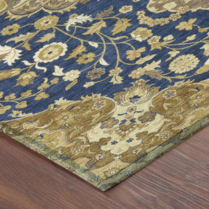 9 X 12 Navy Damask Polyester Indoor Outdoor Rug Washable Stain Resistant Large