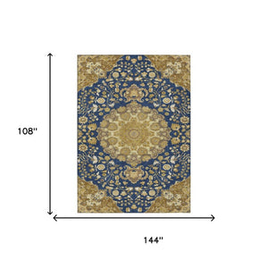9 X 12 Navy Damask Polyester Indoor Outdoor Rug Washable Stain Resistant Large