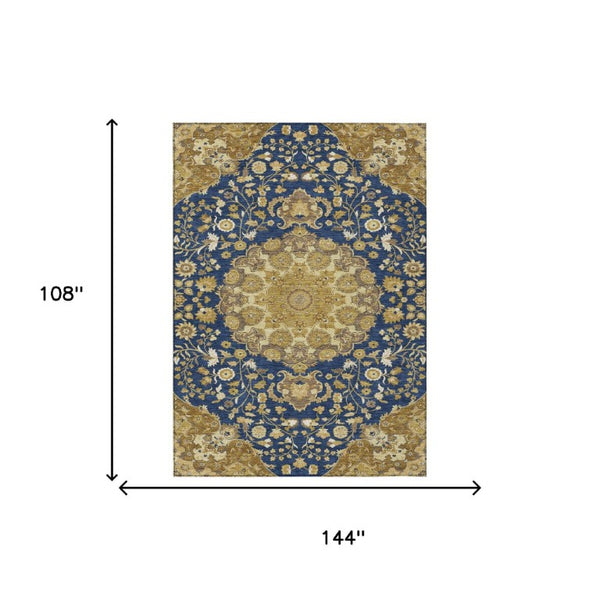9 X 12 Navy Damask Polyester Indoor Outdoor Rug Washable Stain Resistant Large