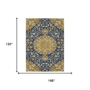 10 Ft Navy Damask Machine Washable Polyester Indoor Outdoor Rug for Large Rooms