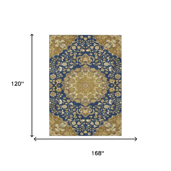 10 Ft Navy Damask Machine Washable Polyester Indoor Outdoor Rug for Large Rooms