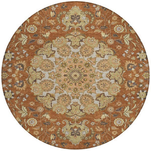 HomeRoots 8 Foot Round Damask Washable Polyester Rug for Patios Kitchens and Entryways 733207
