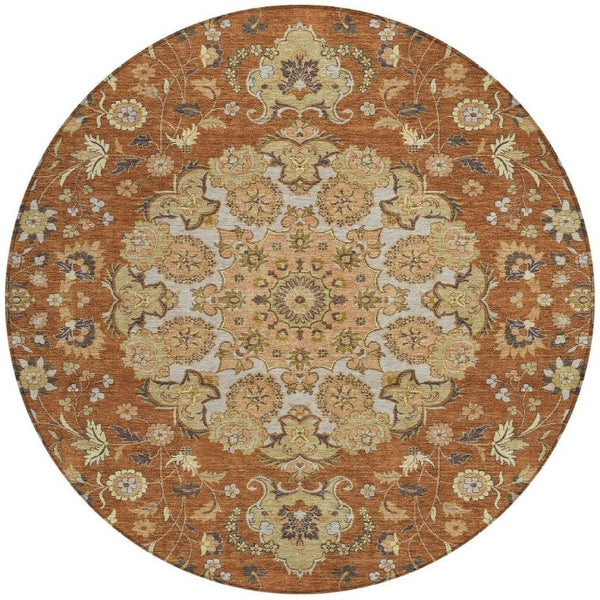 HomeRoots 8 Foot Round Damask Washable Polyester Rug for Patios Kitchens and Entryways 733207